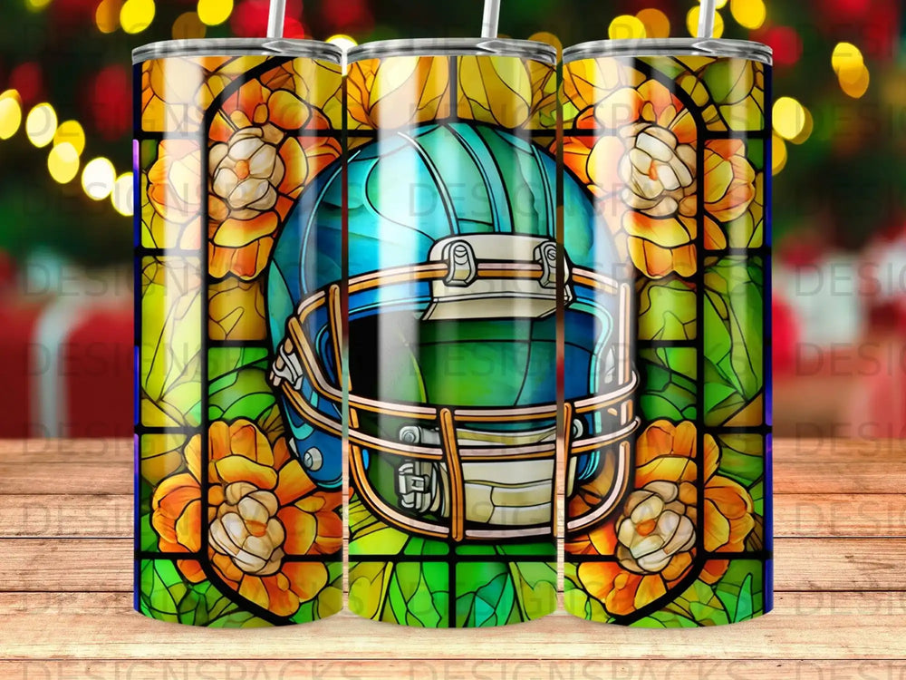 Blue football helmet with stained glass floral design.