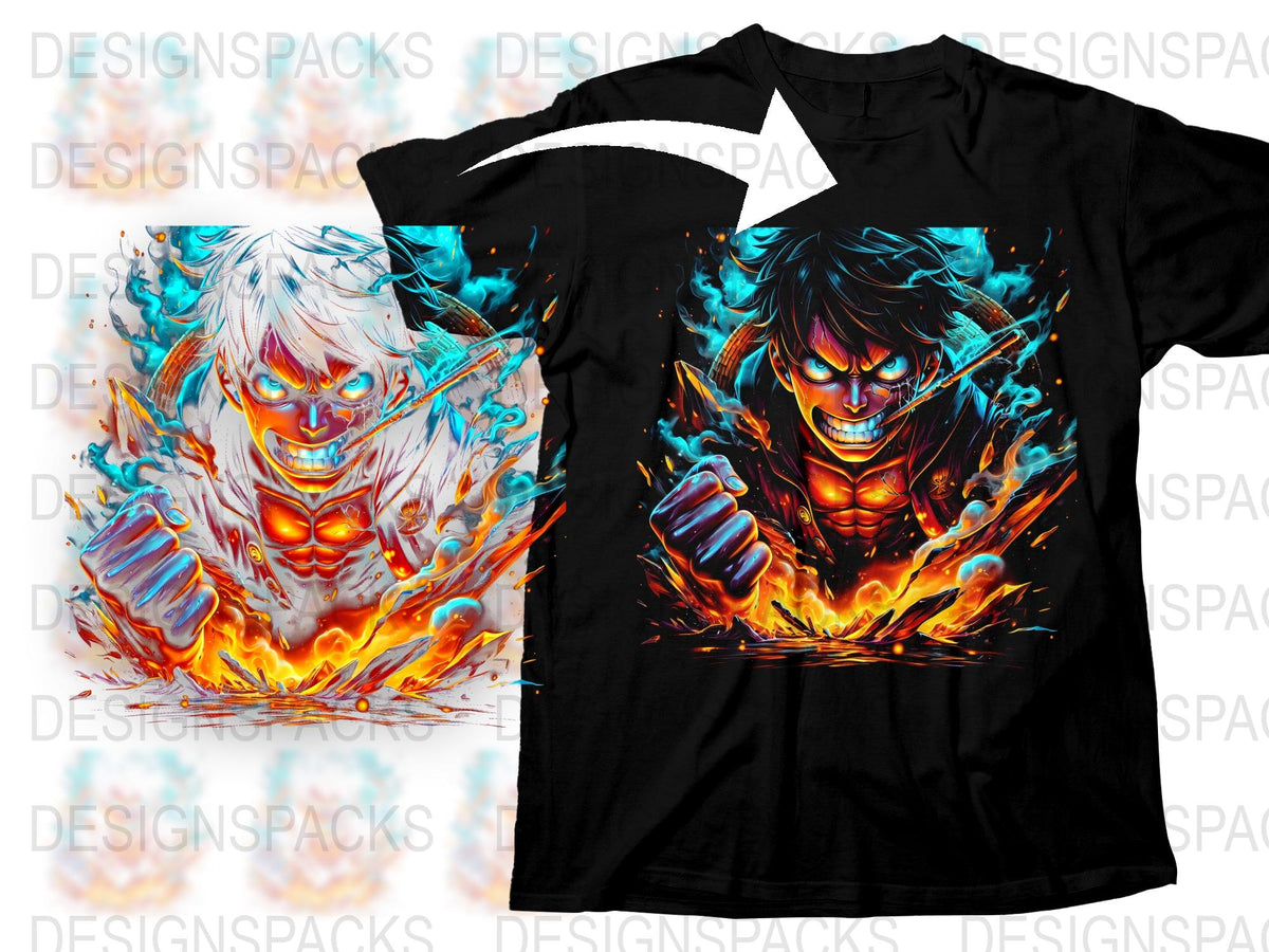 Anime Inspired Fiery Blue and Orange Graphic T-Shirt, Cool Manga Style Tee, Vibrant Design, Unisex Fashion