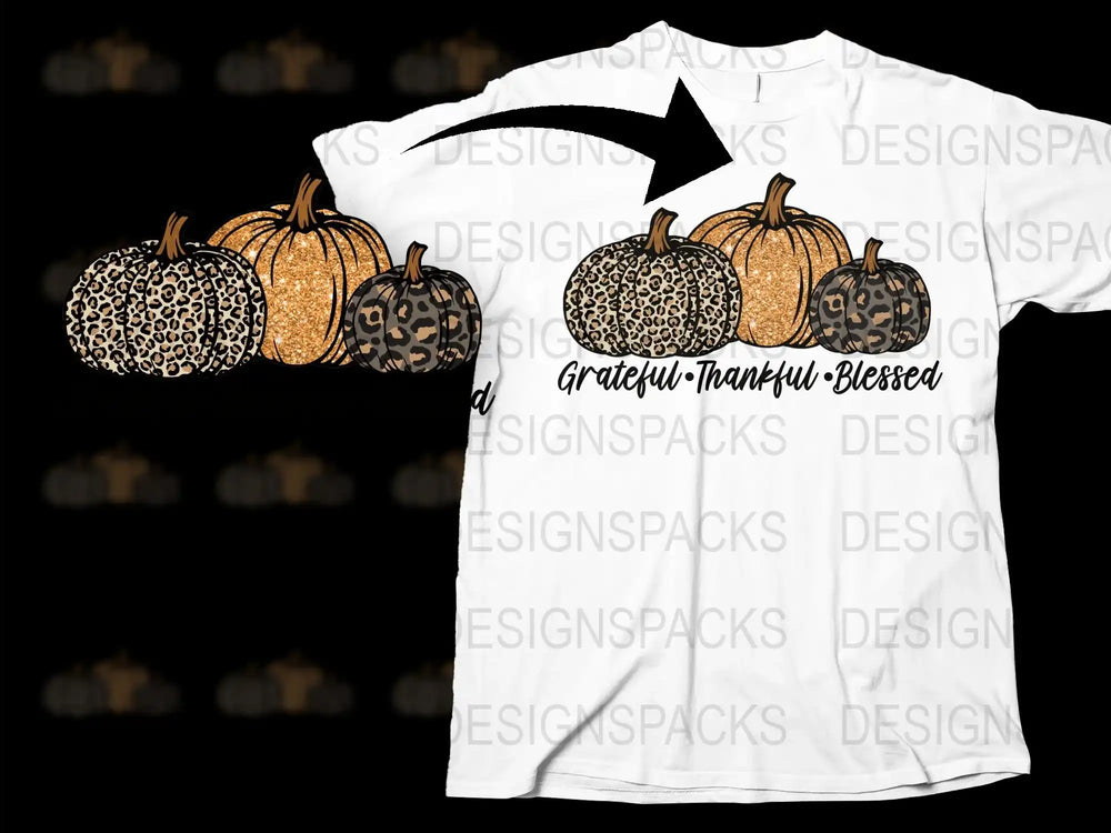 Fall Leopard Pumpkin T-Shirt, Grateful Thankful Blessed Thanksgiving Tee, Autumn Graphic Shirt, Women's Fashion Top