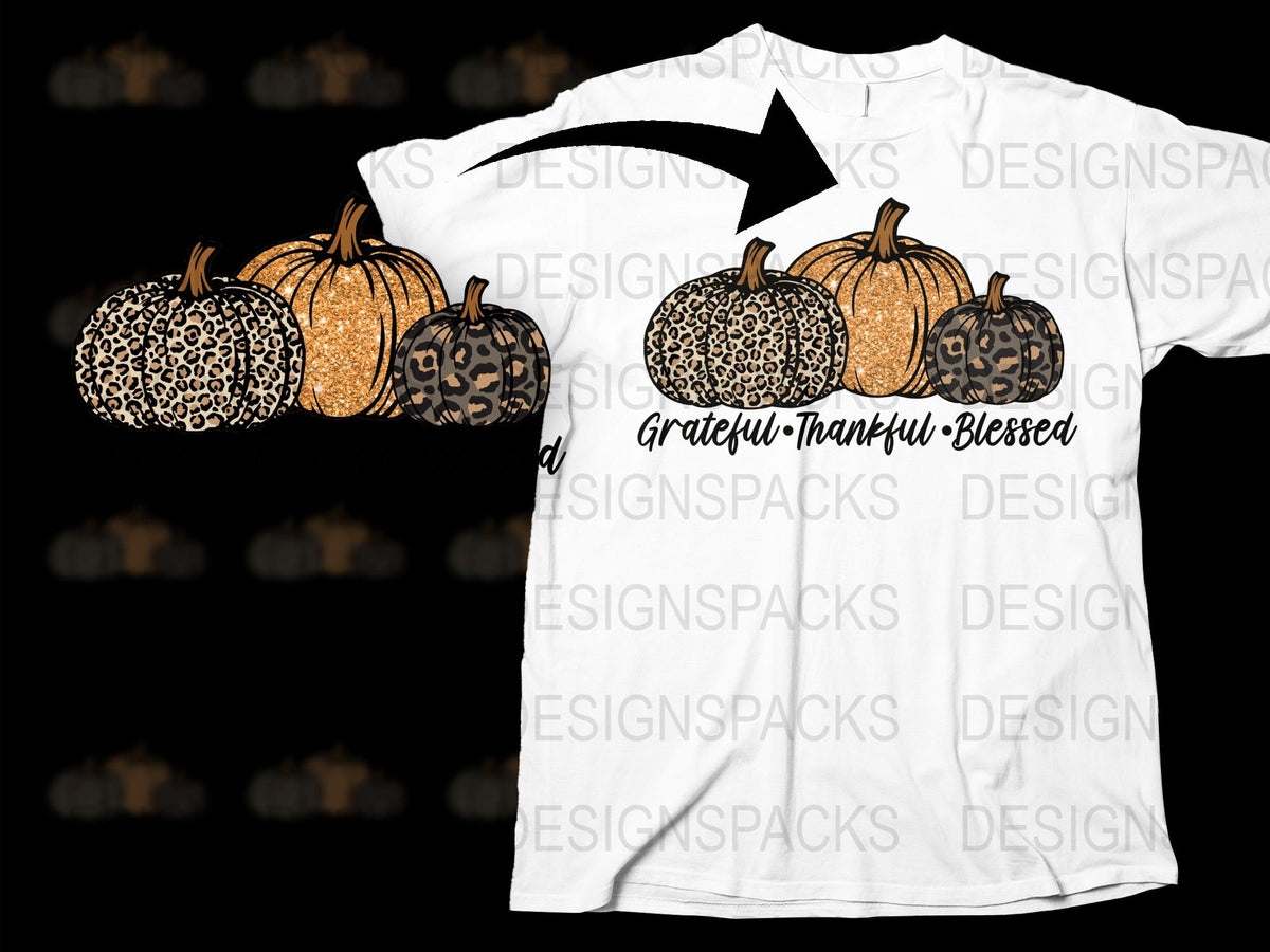 Fall Leopard Pumpkin T-Shirt, Grateful Thankful Blessed Thanksgiving Tee, Autumn Graphic Shirt, Women's Fashion Top