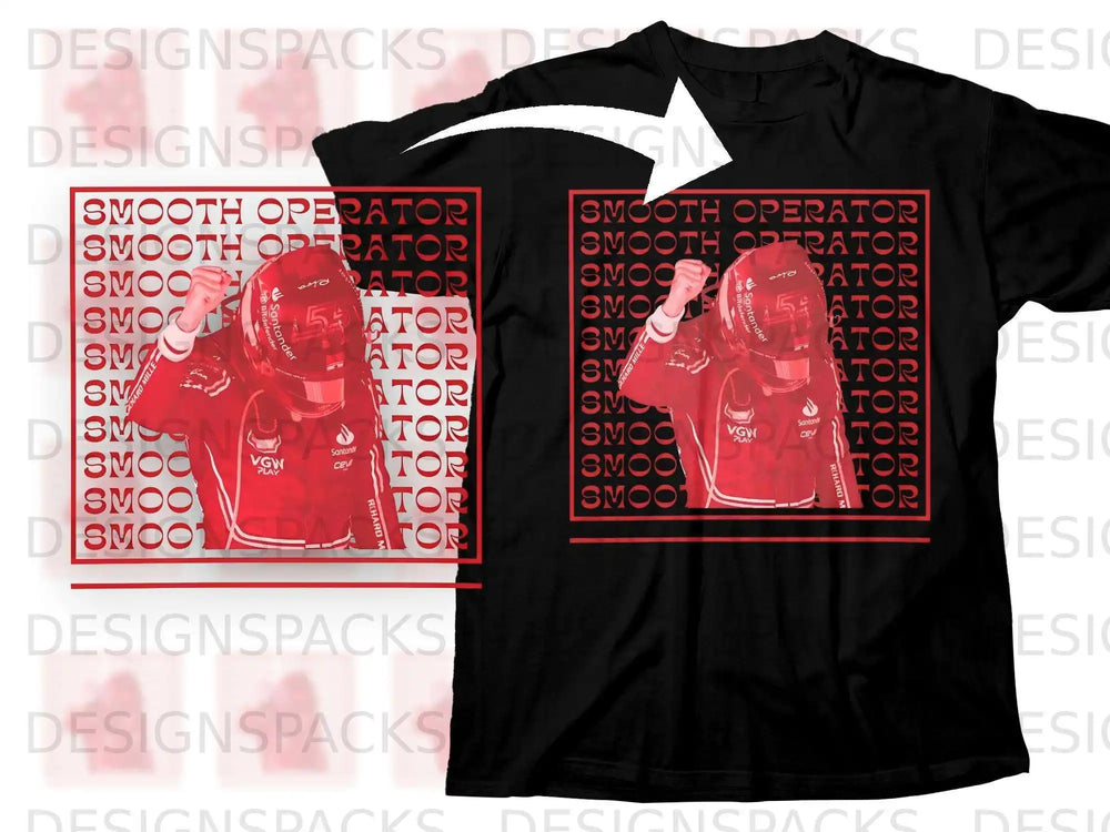Black t-shirt with "SMOOTH OPERATOR" text and Charles Leclerc graphic.