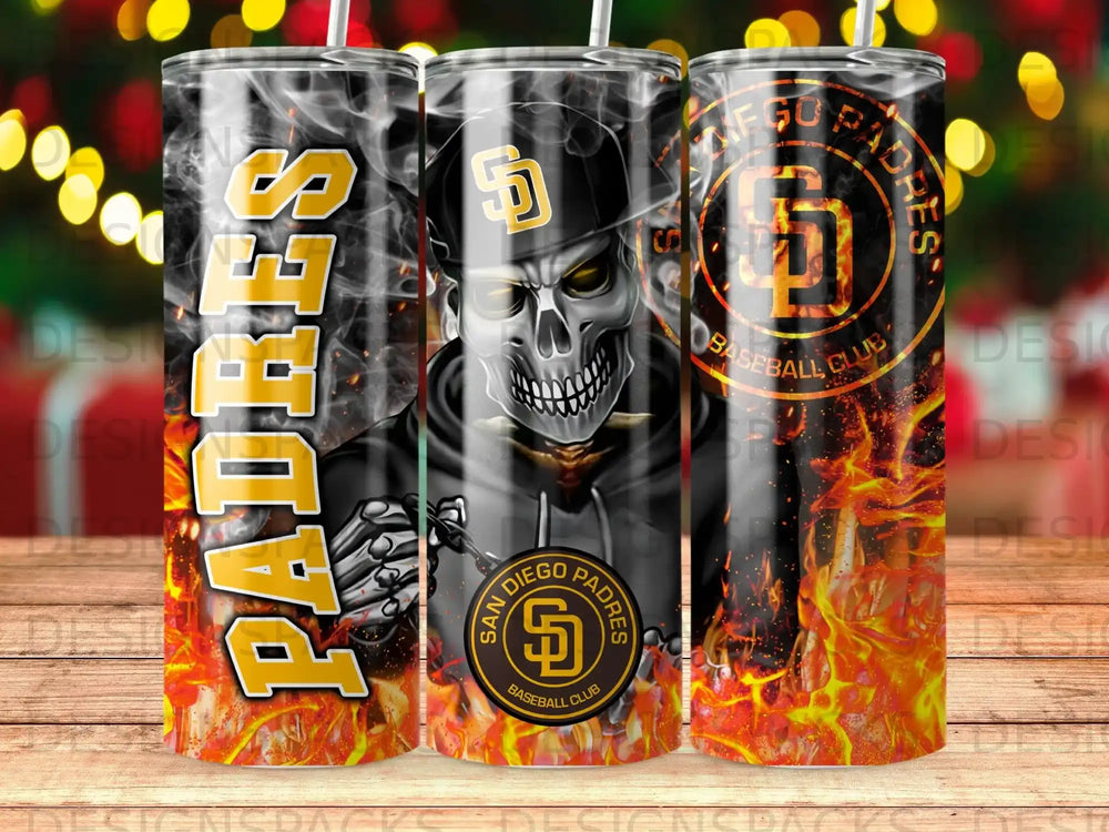 San Diego Padres tumbler with skull graphic and flames.