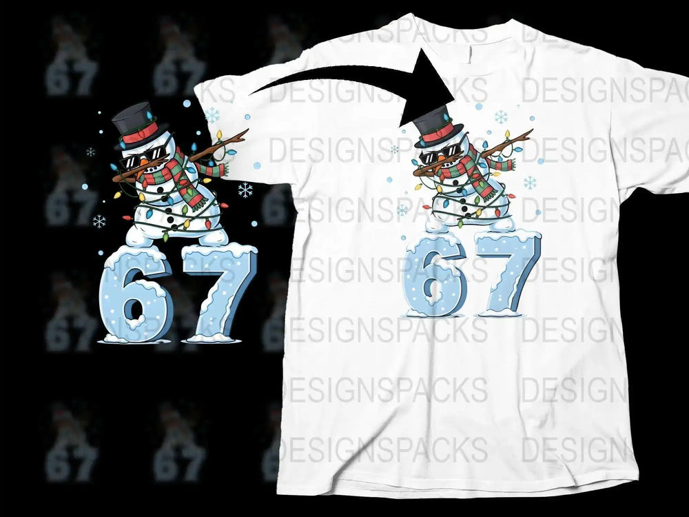 Festive Snowman T-shirt, White Christmas Tee, Holiday Graphic Shirt with Number 67, Unique Winter Apparel