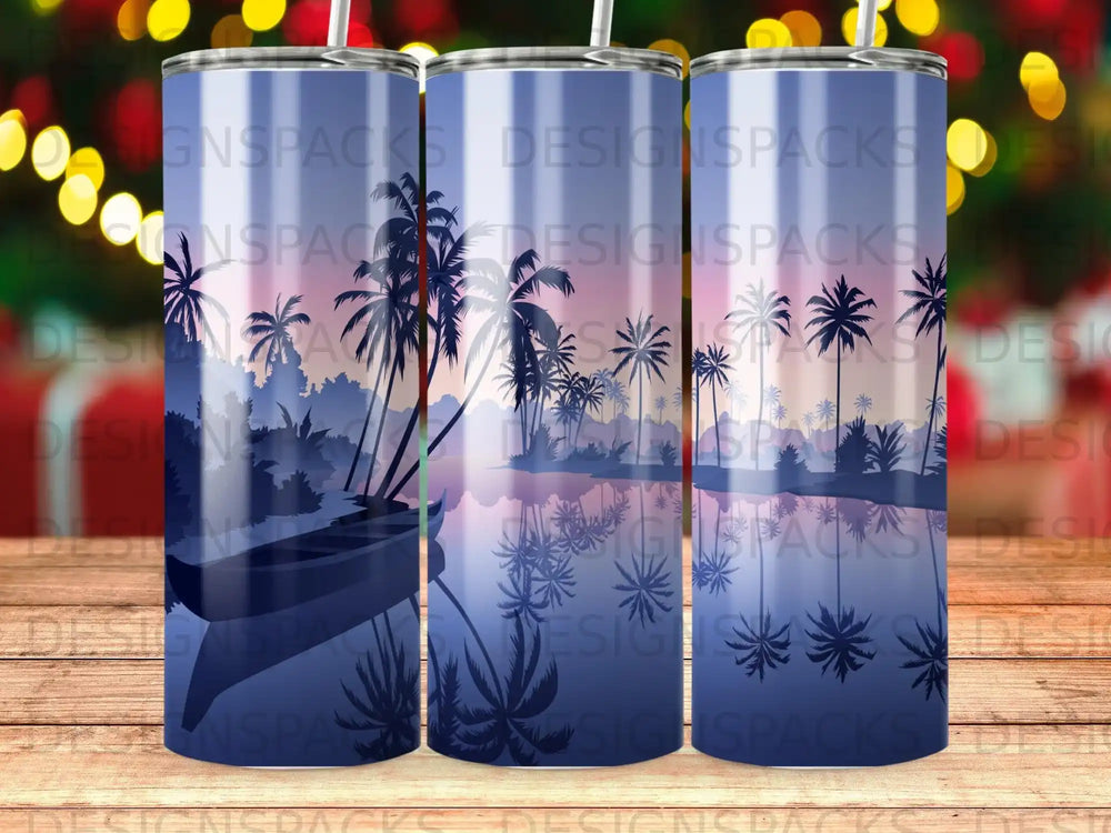 Three tumblers featuring a serene tropical sunset landscape with a boat.