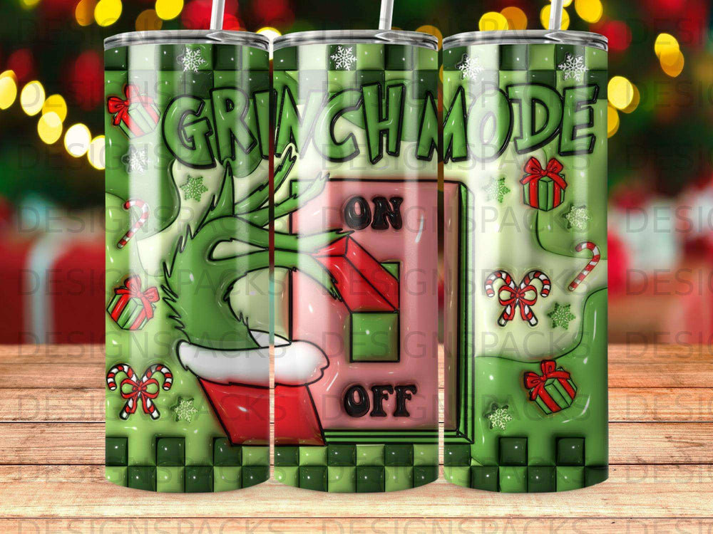 Grinch Mode ON OFF switch with snowflakes and gift boxes on a green background.