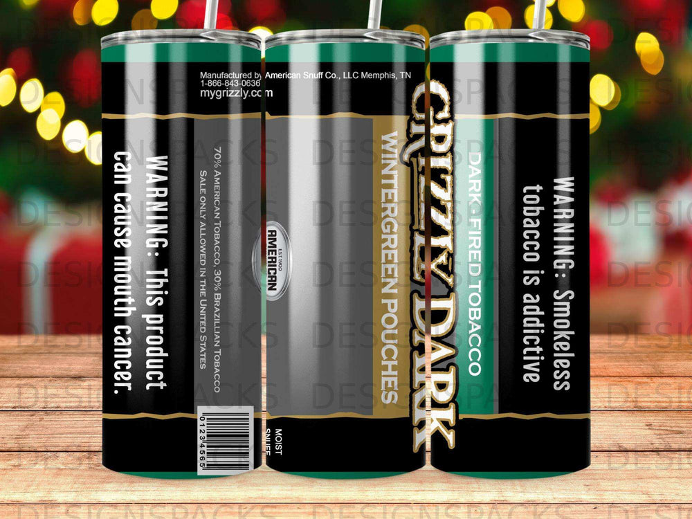 Grizzly Dark Wintergreen Pouches tin with warnings and tobacco blend information.