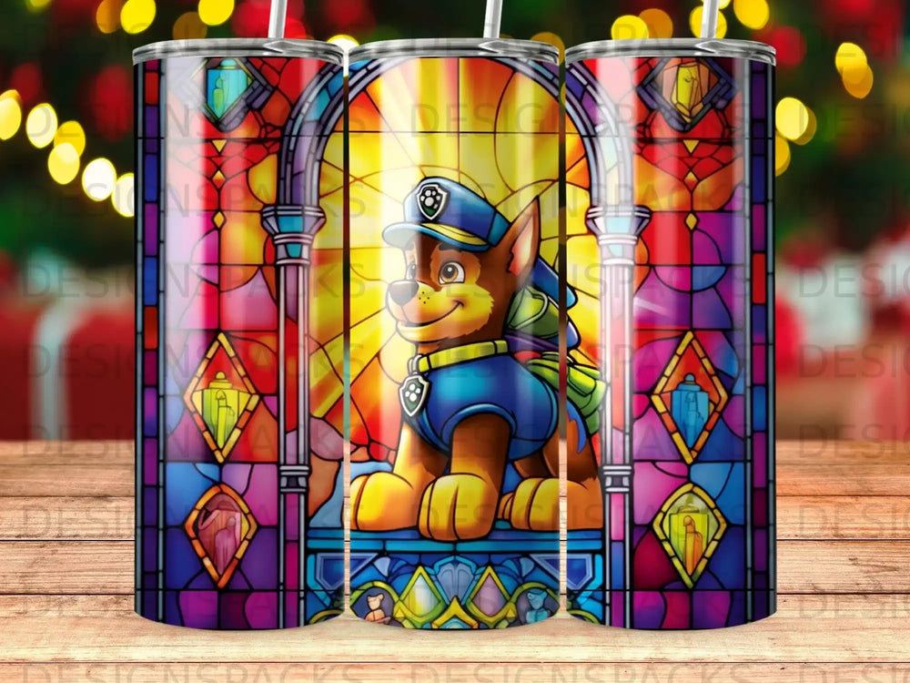 Cartoon dog in stained glass window pattern on a tumbler.