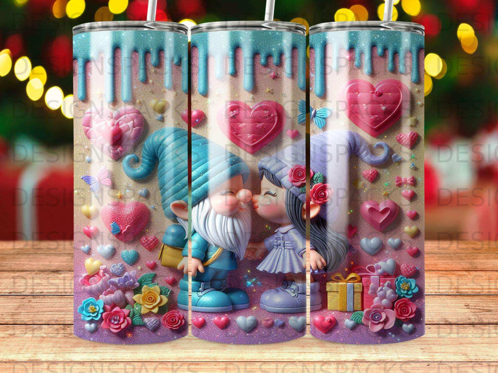 Gnome couple kissing with hearts, flowers, and gifts on a patterned tumbler.