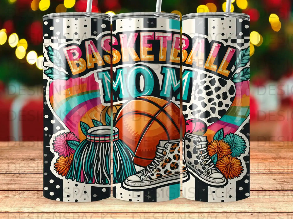 Basketball Mom tumbler with basketball, leopard print boots, and colorful fringe.