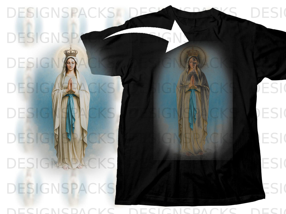 Black t-shirt with a religious illustration of Mary wearing a crown.