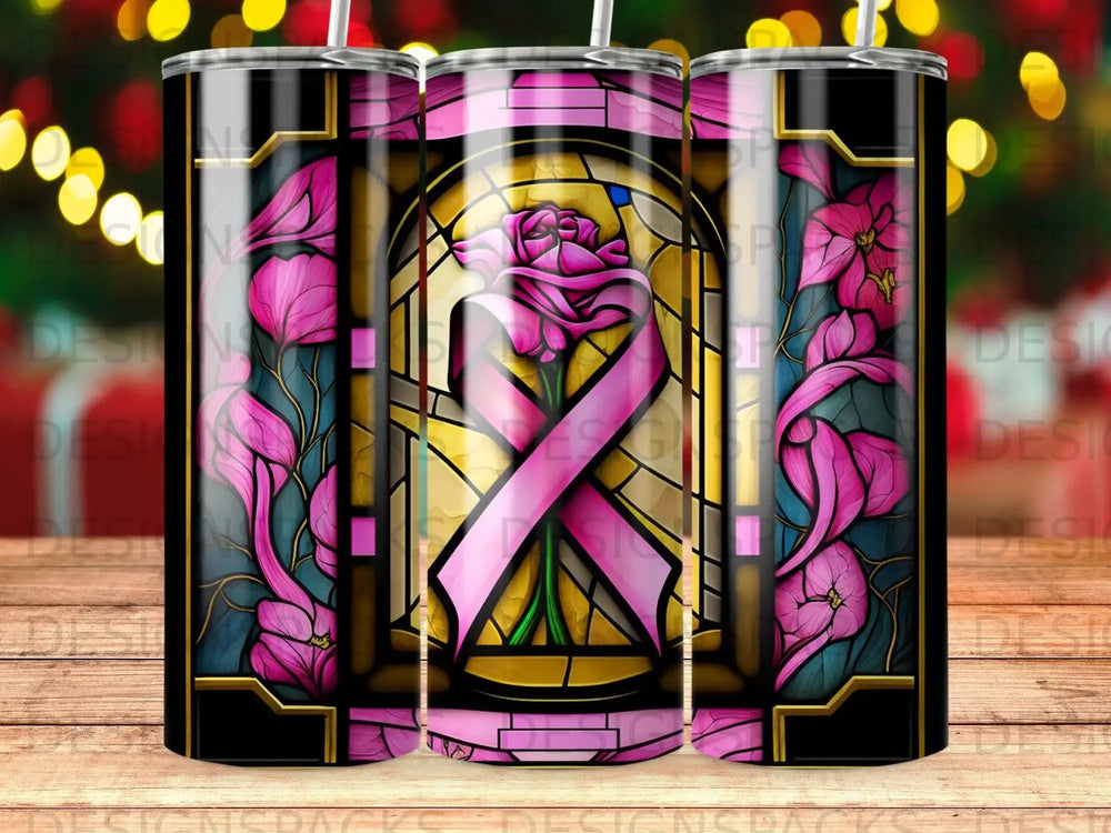 Stained glass design with a pink ribbon and rose on a tumbler.