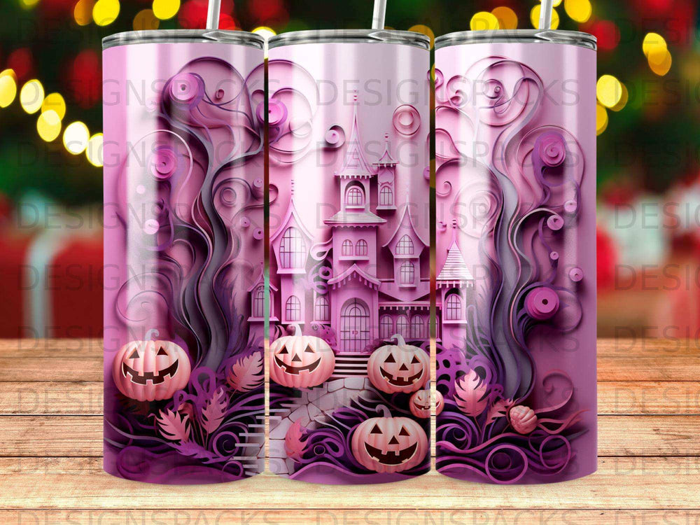 Pink castle with pumpkins and swirling vines pattern on a tumbler.
