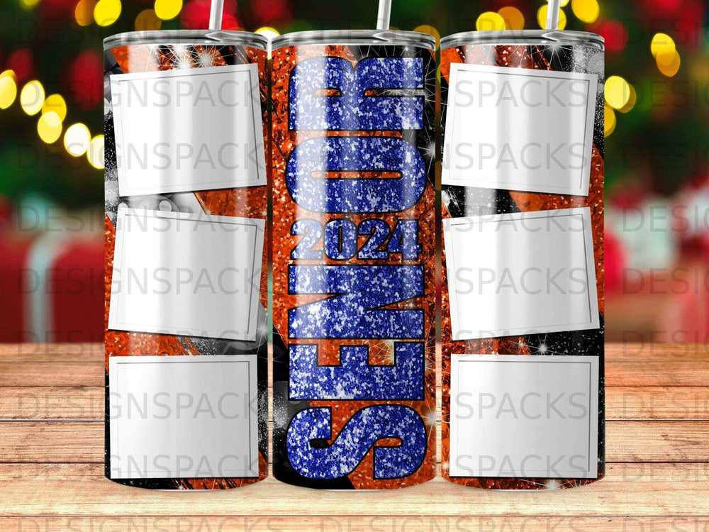 Tumbler with "Bones 2024" in glitter lettering on a starry background.
