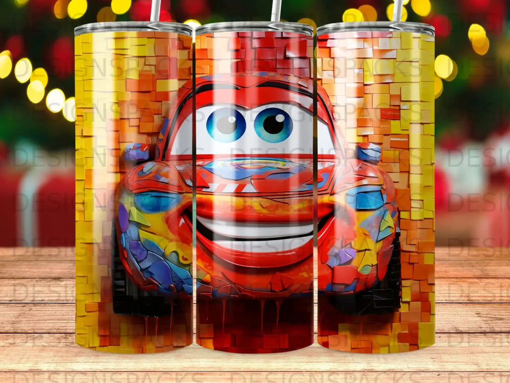 Lightning McQueen character with colorful, textured design on a tumbler.