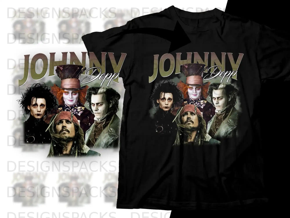 T-shirt featuring a collage of Johnny Depp characters: Edward Scissorhands, Jack Sparrow, and the Mad Hatter.