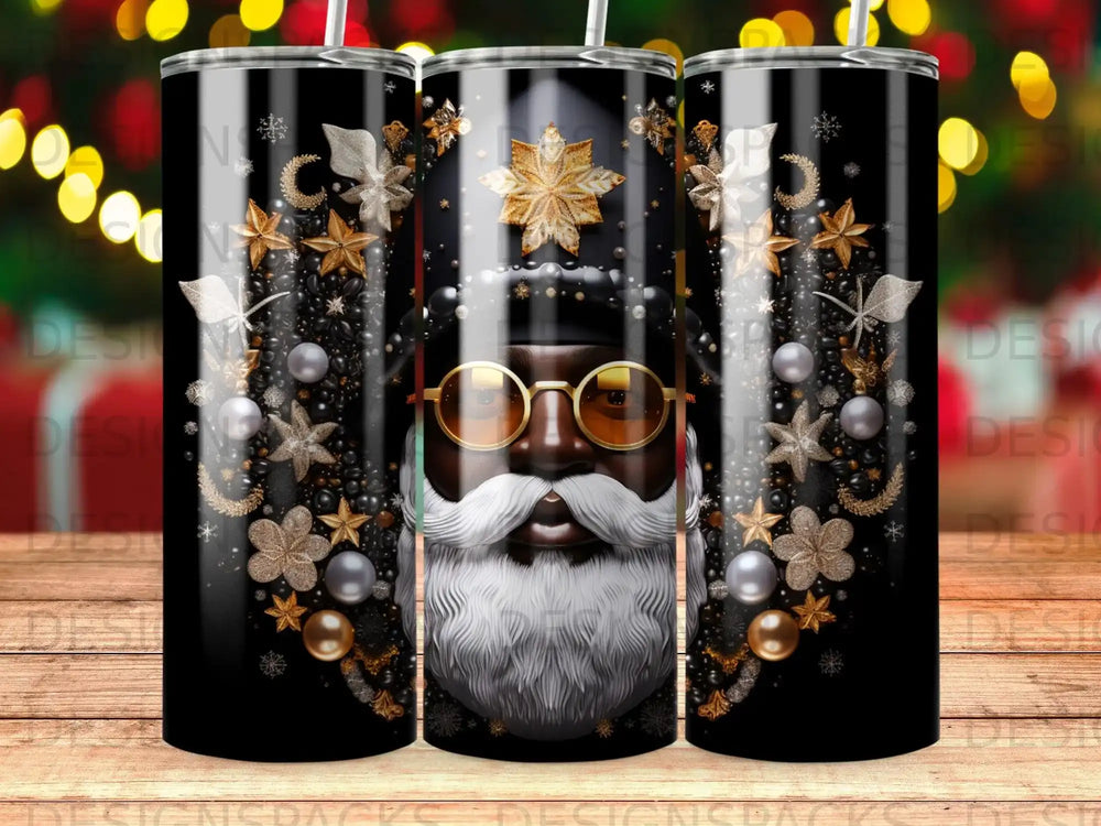 Black tumbler with Santa Claus wearing sunglasses and a gold star hat.