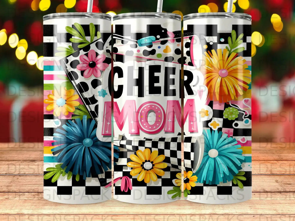 Cheer Mom tumbler with floral and checkered designs.