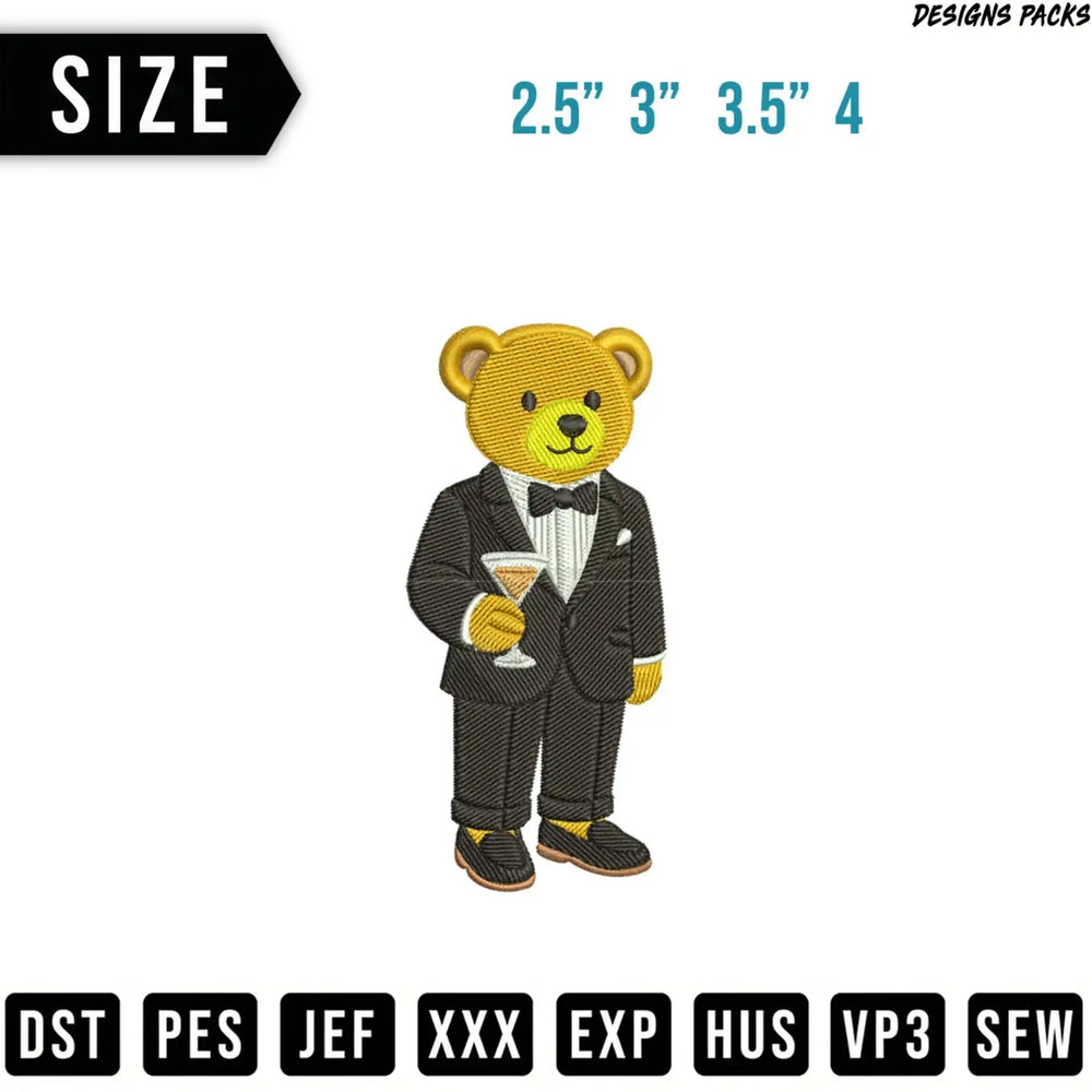 Teddy bear in a tuxedo holding a martini glass.