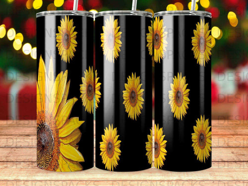 Black tumbler with repeating pattern of sunflowers.