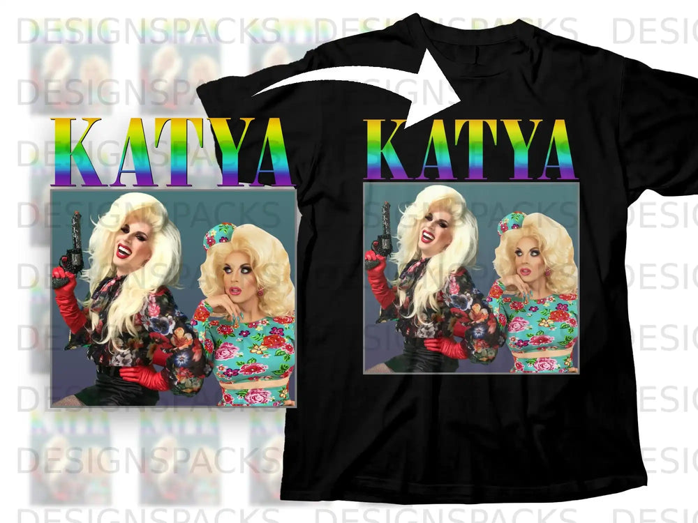 T-shirt featuring drag queen Katya wearing a colorful outfit and holding a gun.