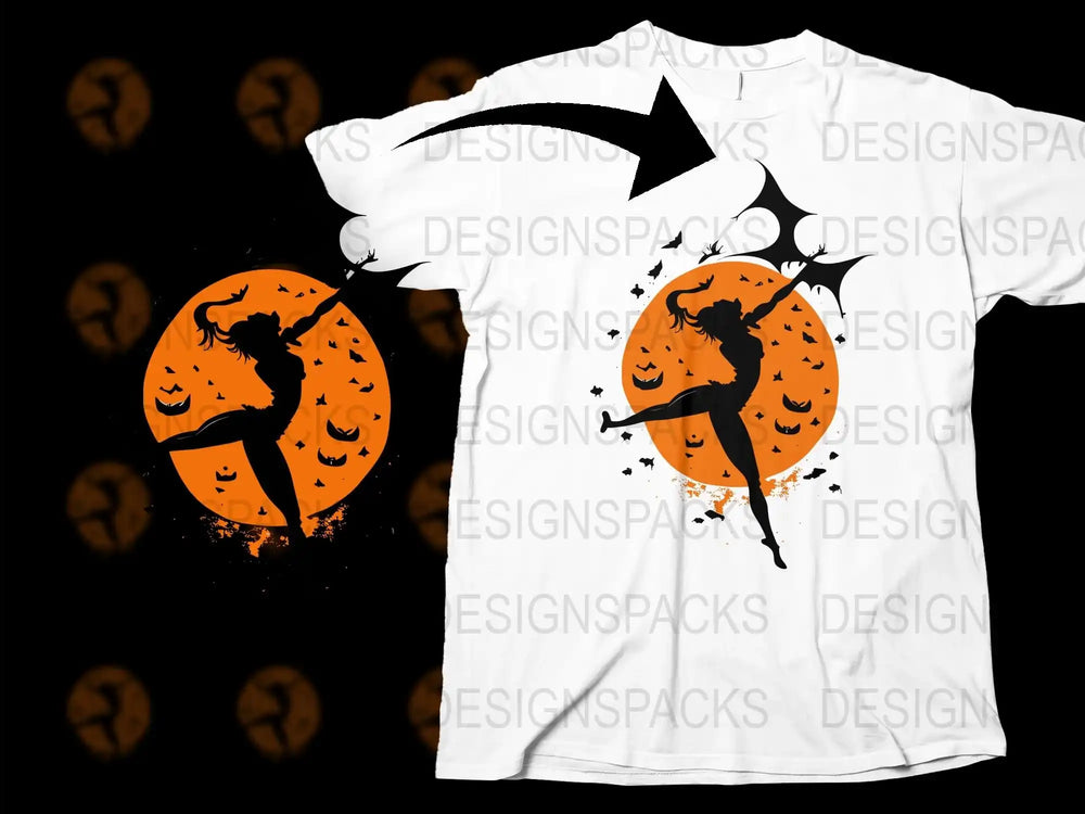 Halloween Witch Moon T-Shirt, Spooky Bat Graphic Tee, Unisex Orange Black Shirt