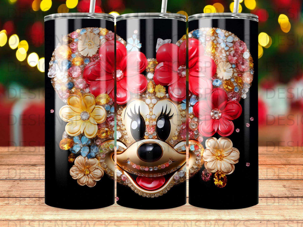 Minnie Mouse tumbler with colorful rhinestones and flowers.