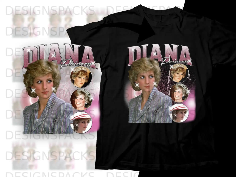 T-shirt mockup featuring a collage of Princess Diana portraits and "DIANA Princess" text.