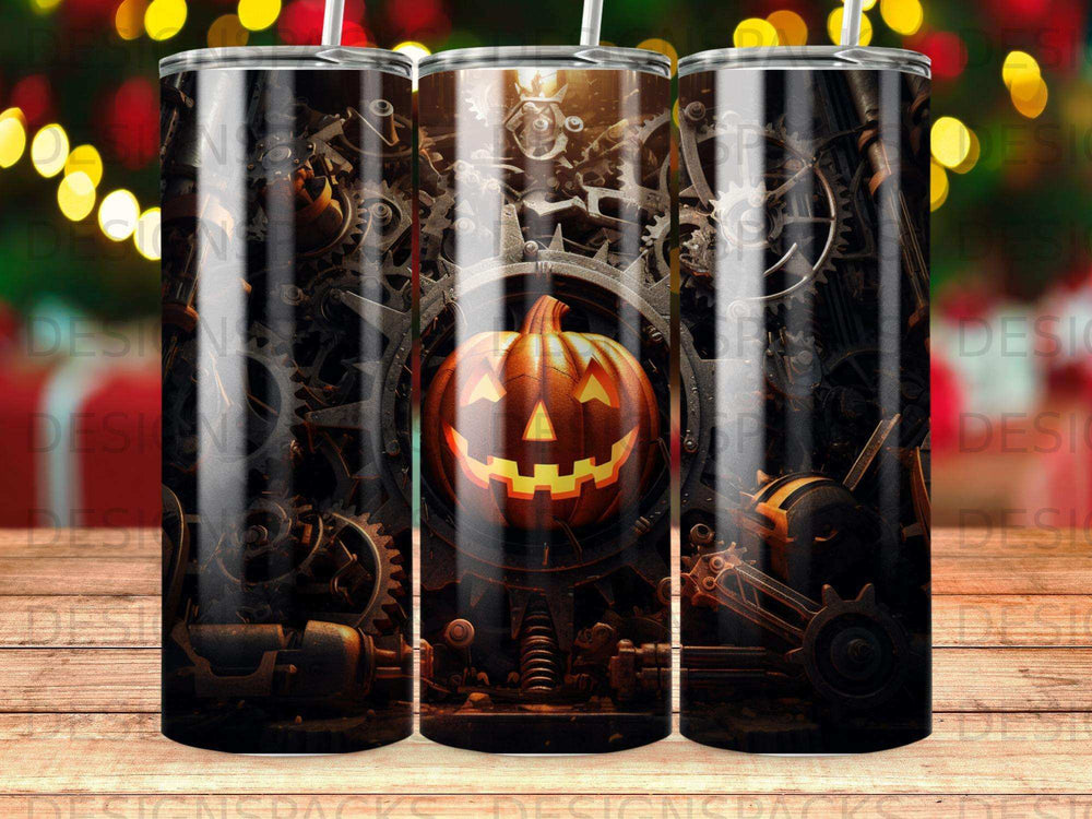 Halloween pumpkin with gears and machinery, dark background with bokeh lights.