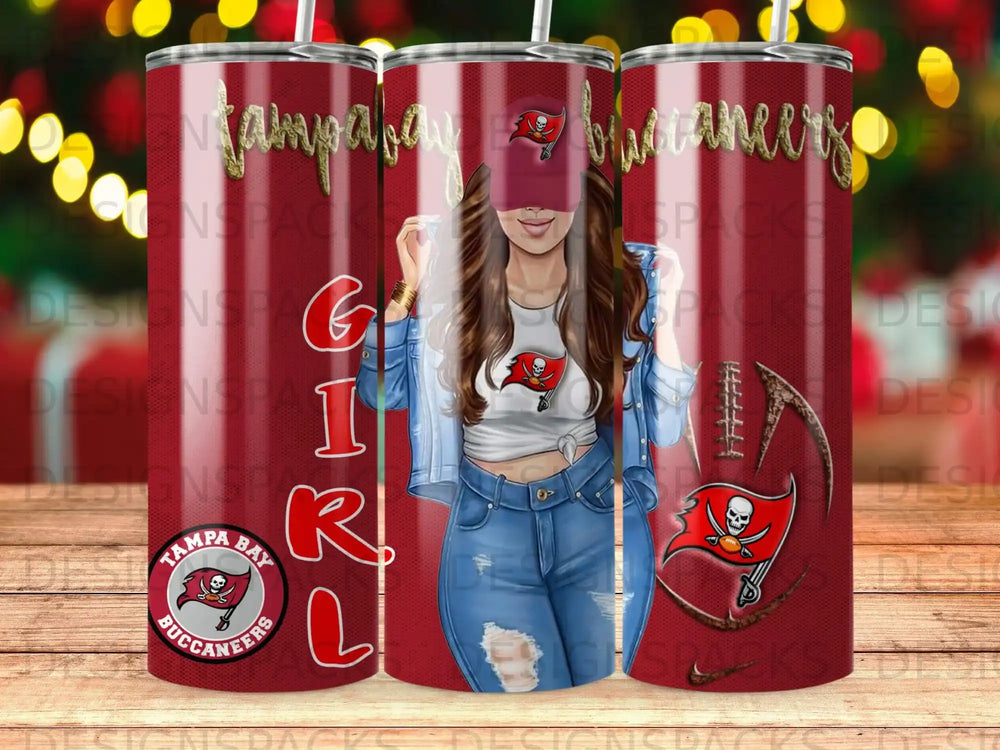 Tampa Bay Buccaneers girl wearing a denim jacket and Buccaneers shirt.