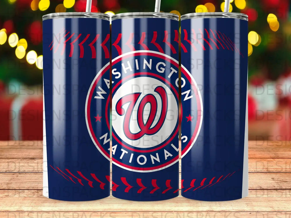 Washington Nationals logo tumbler with navy blue background and red detailing.