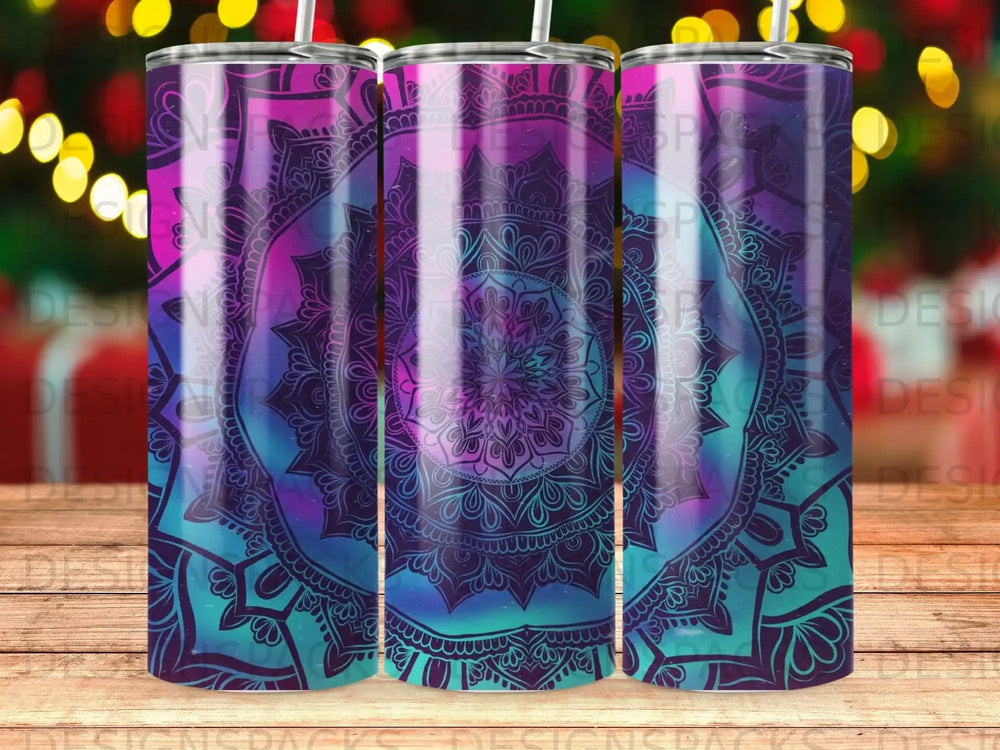 Tumbler with purple and blue mandala pattern and glowing lights.