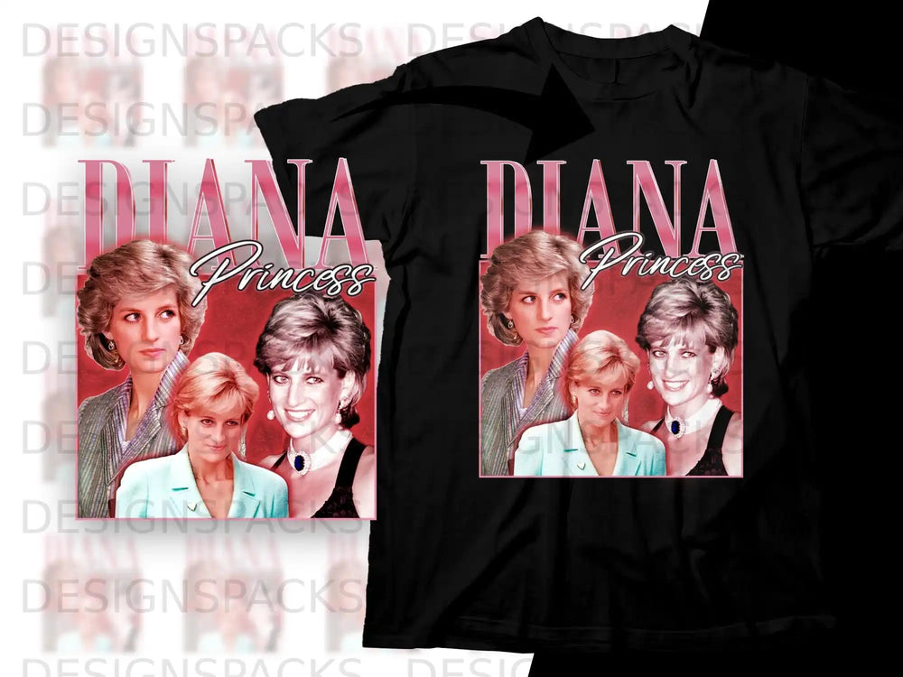 Diana Princess graphic on black t-shirt.