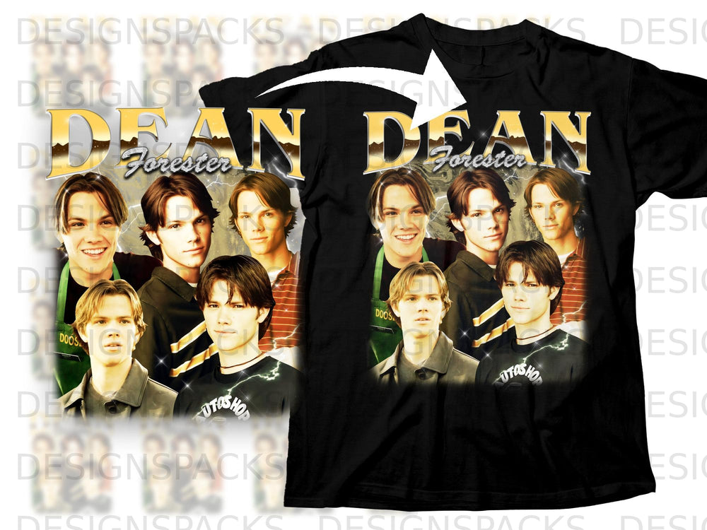 Black t-shirt with "DEAN Forester" text and a collage of young men.