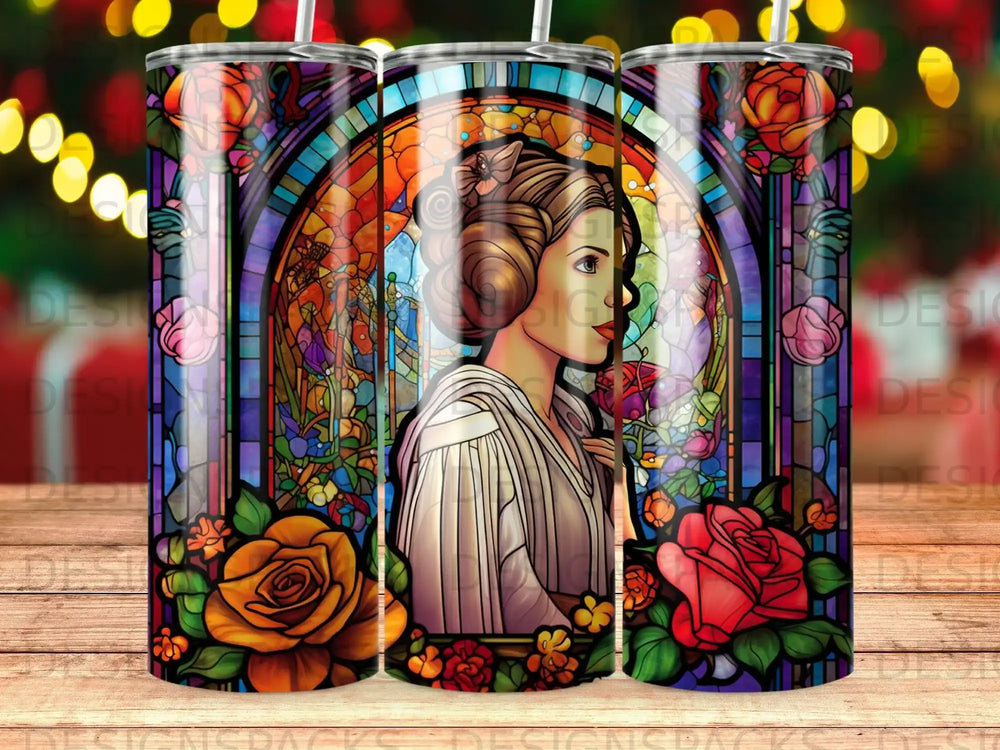 Stained glass Princess Leia with roses, inspired by Star Wars.