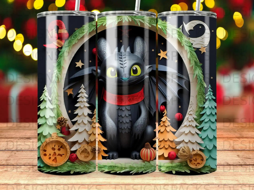 Toothless dragon in festive wreath with pine trees and ornaments.