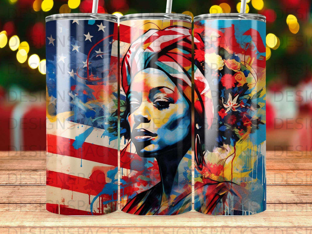 Woman wearing American flag bandana, colorful abstract background.