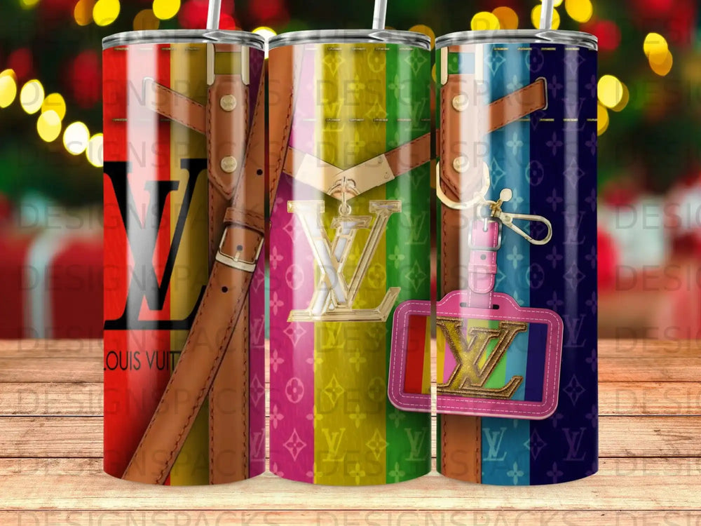 Tapered tumbler with repeating LV monogram and gold hardware accents.
