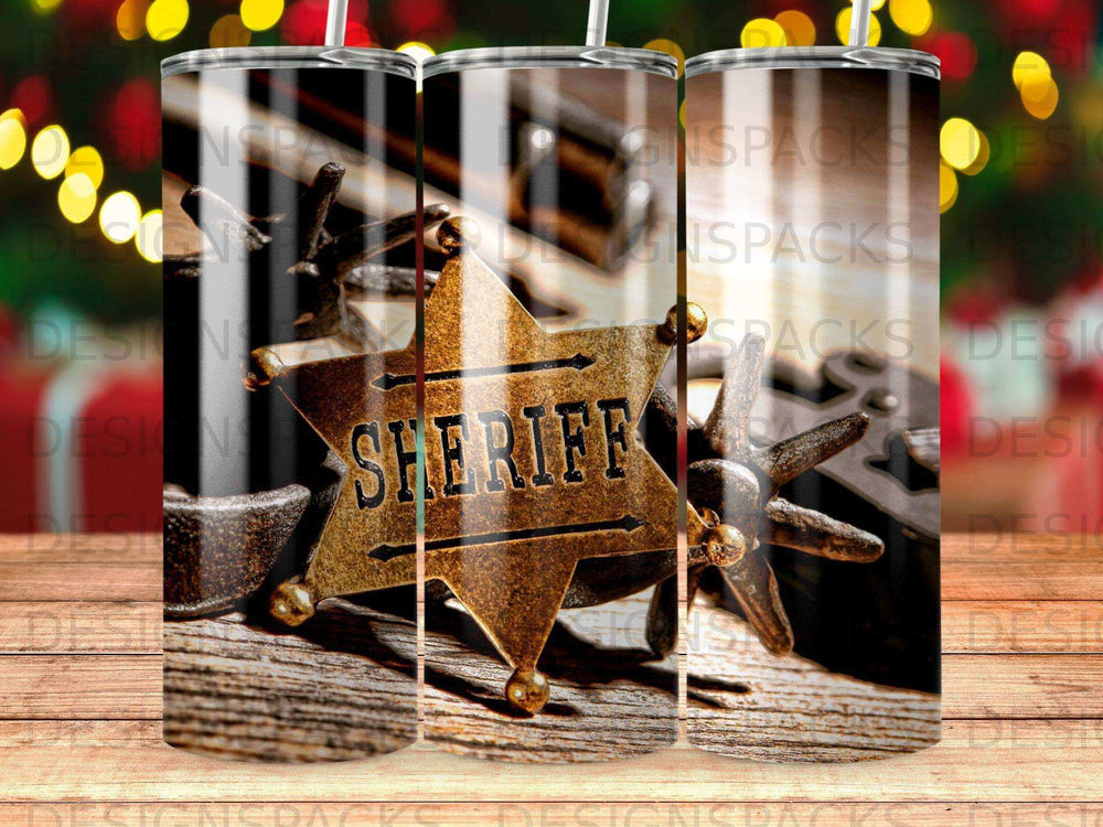 Sheriff's star badge with "SHERIFF" text, on distressed wood.