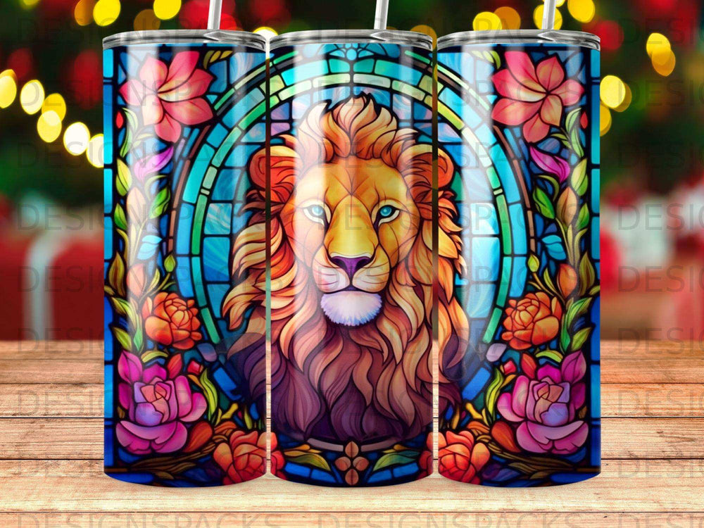 Stained glass lion portrait surrounded by colorful flowers.