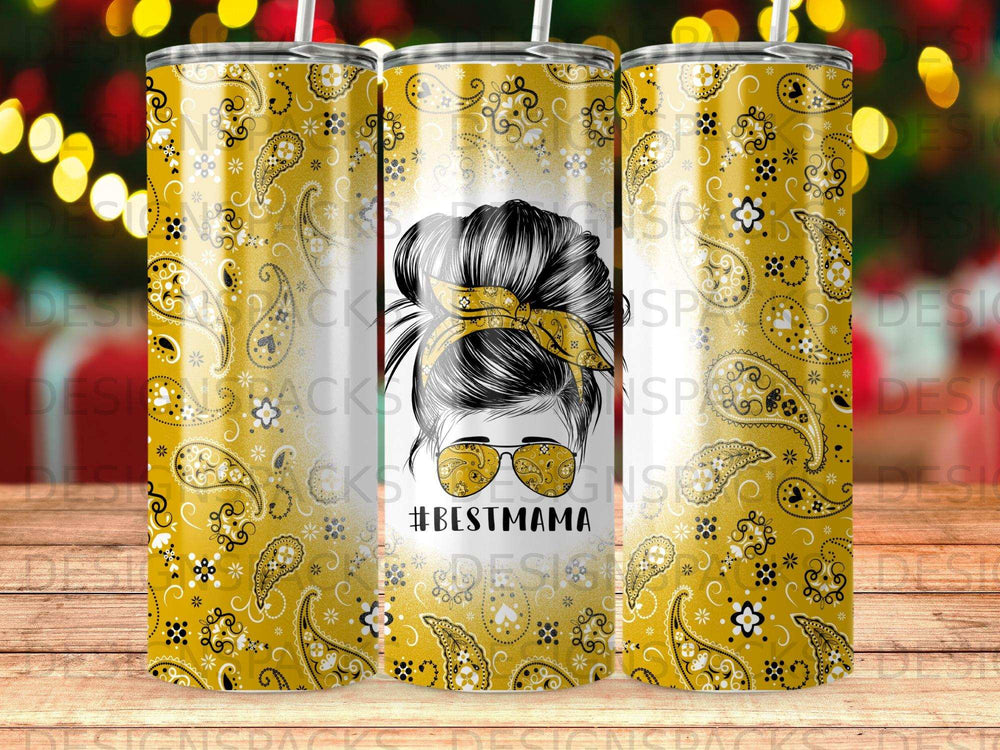 Yellow paisley tumbler with messy bun mom and #BESTMAMA.