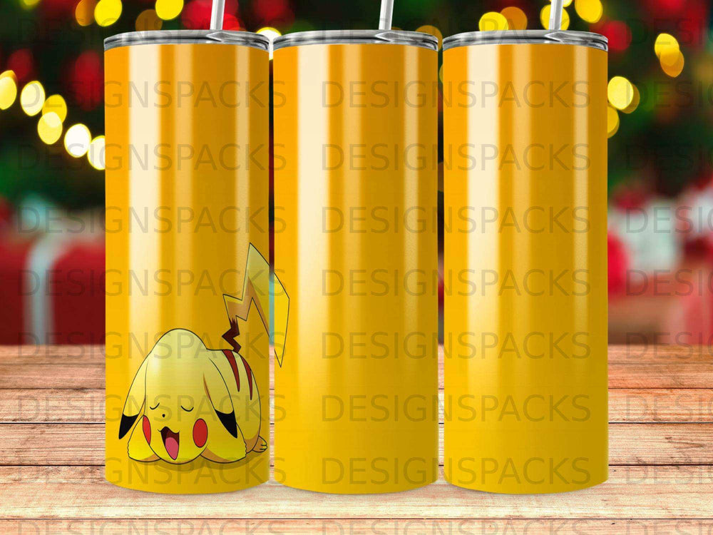 Three yellow tumblers featuring a repeating pattern of Pikachu.