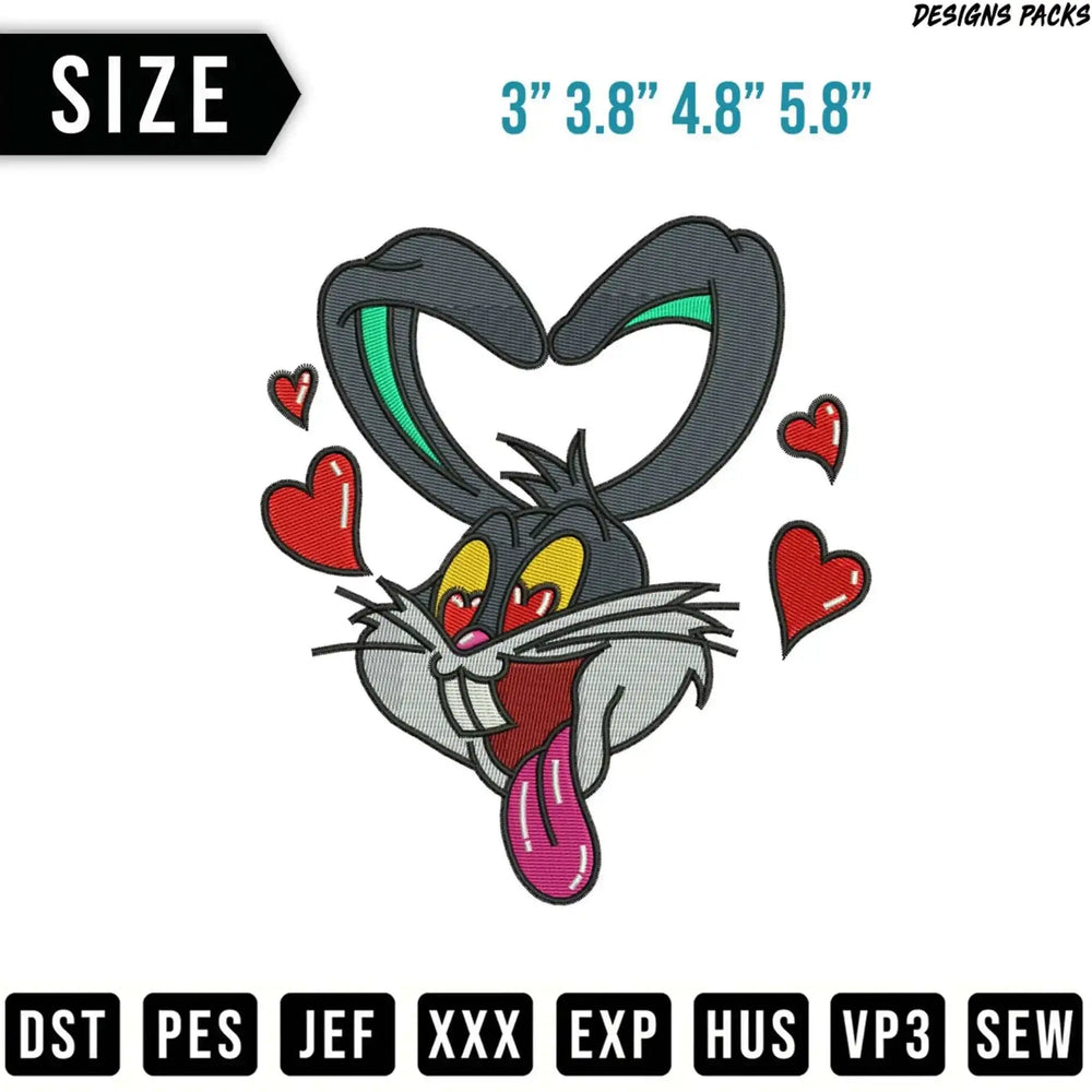 Bugs Bunny embroidery design with hearts, available in multiple sizes and formats.