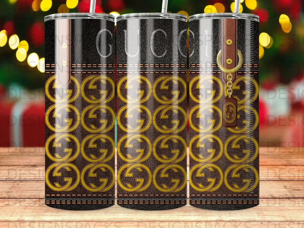 Gucci logo pattern on a brown tumbler with leather accents.