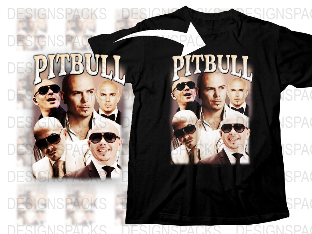 Pitbull Graphic T-Shirt, Men's Pop Music Artist Tee, Fan Merchandise, Black Shirt with Multiple Artist Images
