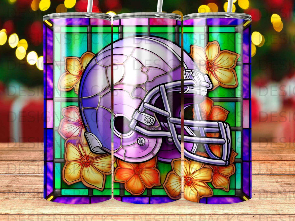 Purple football helmet with stained glass floral pattern.