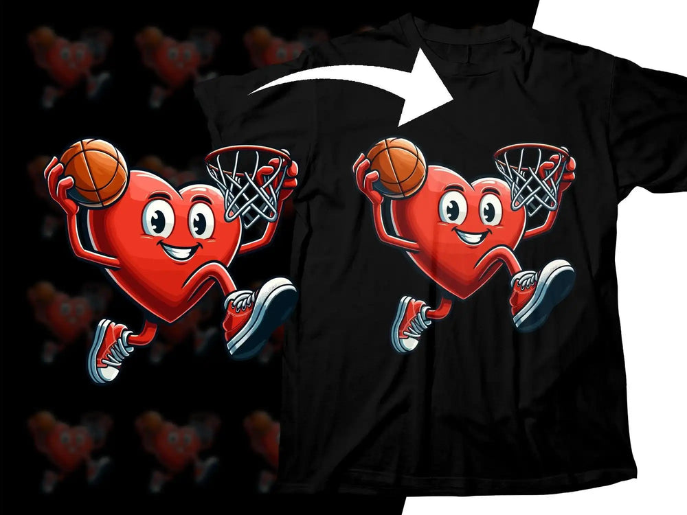 Cute heart character playing basketball on black t-shirt design