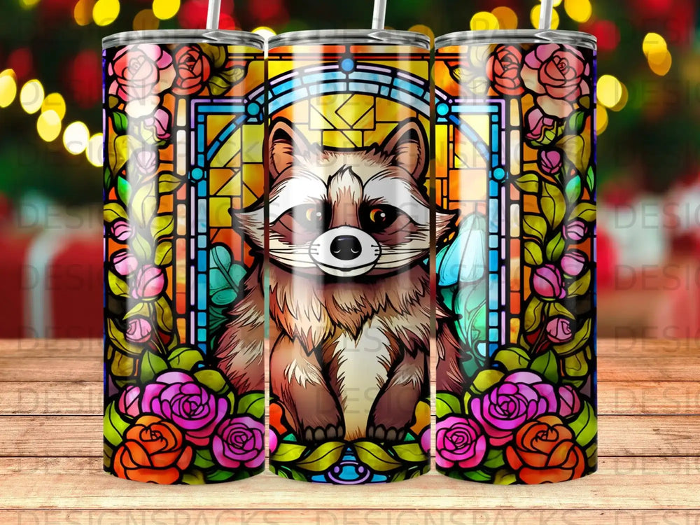 Stained glass raccoon surrounded by colorful roses and green leaves.