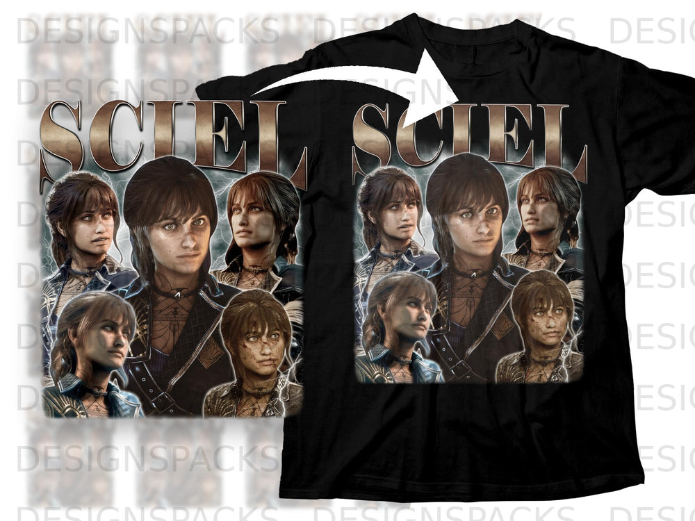 Collage of characters with "SCHEL" text on a black t-shirt.