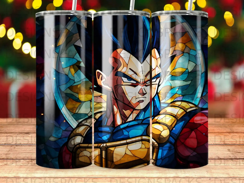 Vegeta from Dragon Ball Z in stained glass style on a tumbler.