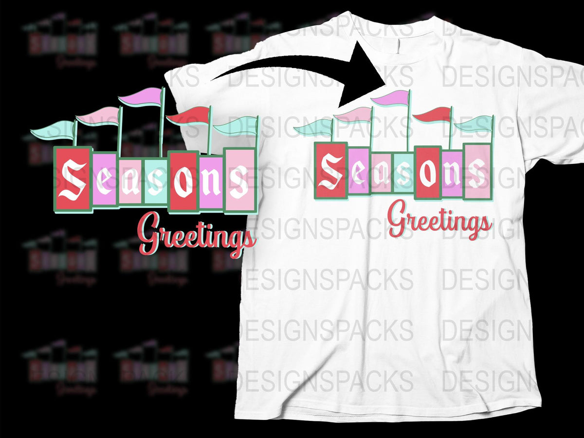 Seasons Greetings Holiday T-Shirt, Festive Christmas Graphic Tee, Colorful Flags Design, Unisex White Shirt for All Ages
